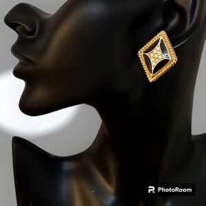 VTG PARK LANE 1980s Atomic Diamond Shape Enamel Rhinestone Post Earrings